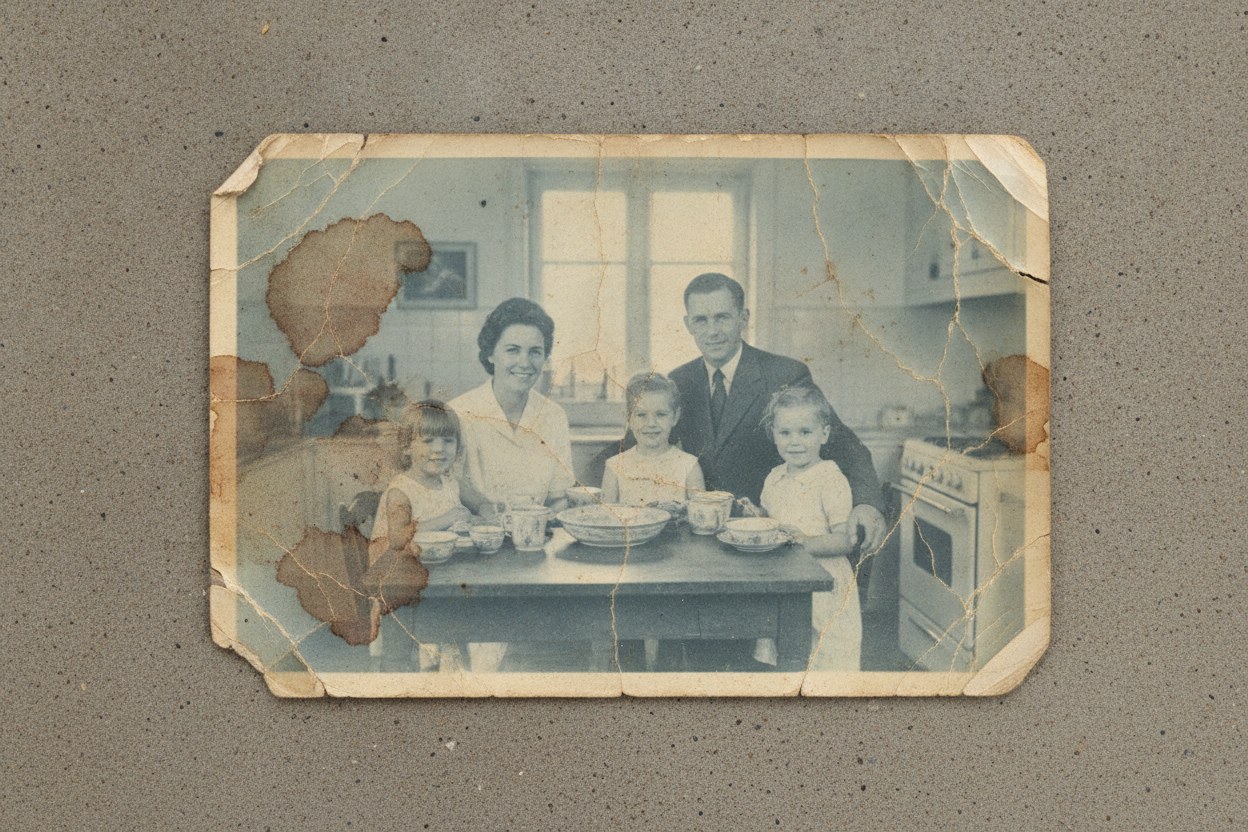 Onarım öncesi: sararmış, çatlamış ve lekeli eski mutfak fotoğrafı